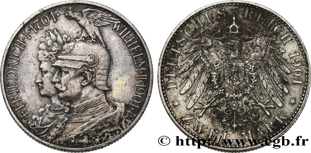 ALLEMAGNE - PRUSSE 2 Mark Guillaume II 200e anniversaire de la Prusse 1901 Berlin TTB+ 