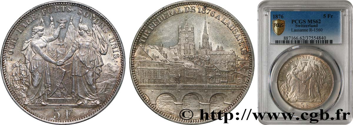 SVIZZERA  5 Francs, monnaie de Tir, Lausanne 1876  SPL62 PCGS