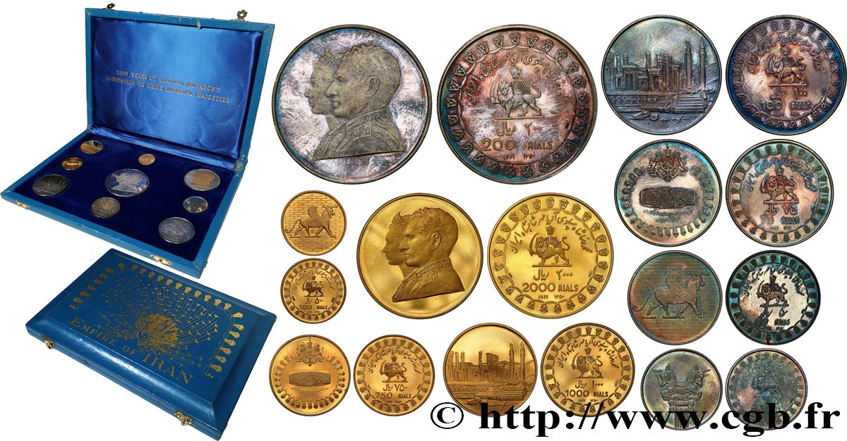 IRáN Coffret neuf monnaies, 2500e anniversaire de l’Empire Perse (Quatre or, cinq argent) 1971 Téhéran SC 