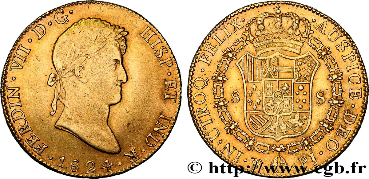 BOLIVIE - FERDINAND VII 8 Escudos 1824 Potosi TTB/SUP 