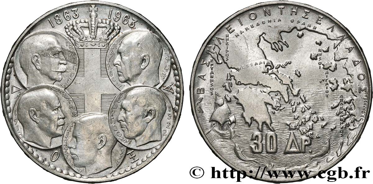 GRECIA 30 Drachmes Centenaire de la dynastie danoise 1963  SPL/MS 