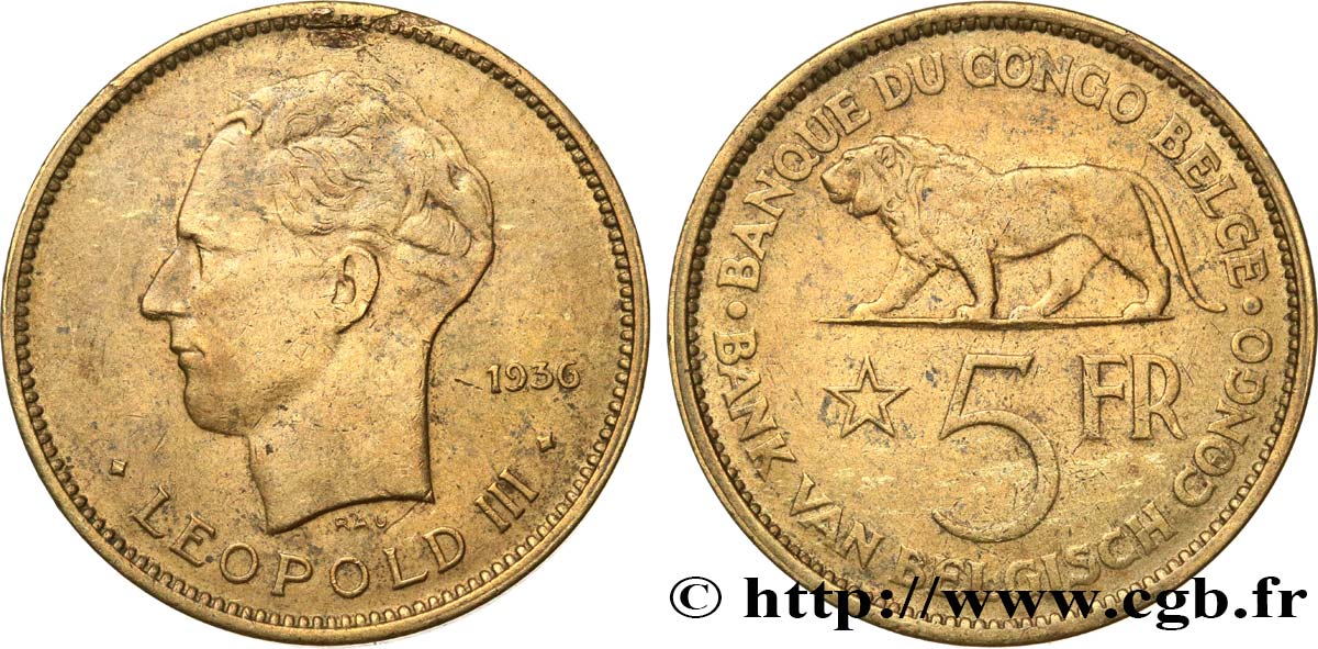 BELGIAN CONGO 5 Francs roi Léopold II 1936  VF 