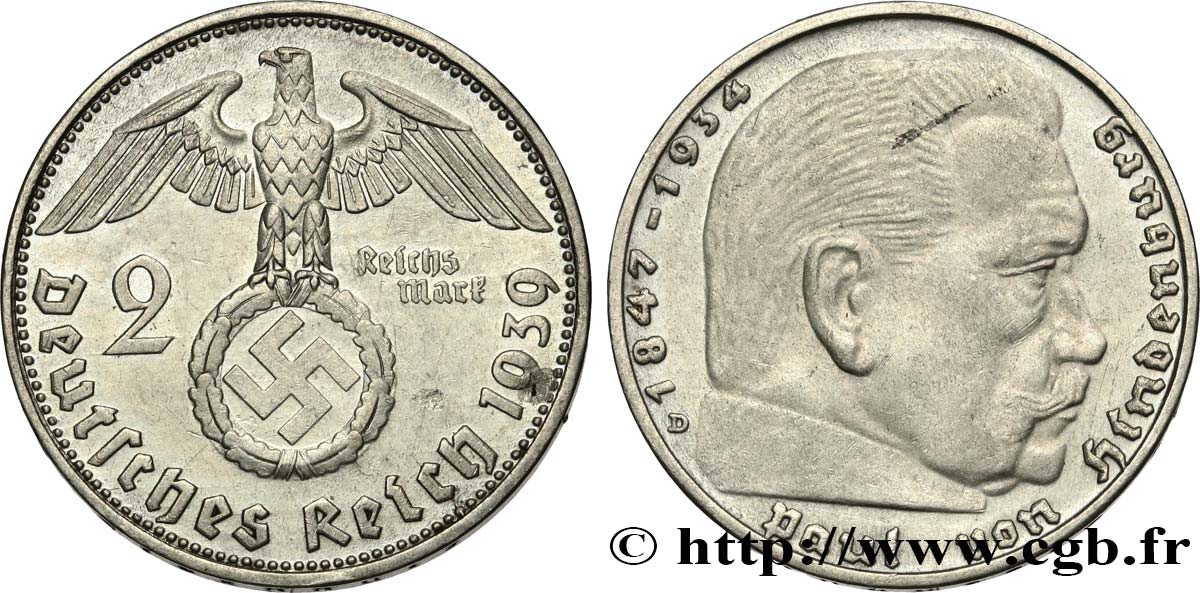 ALLEMAGNE 2 Reichsmark Maréchal Paul von Hindenburg 1939 Munich  TTB+ 