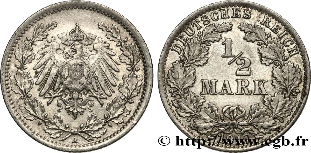 ALEMANIA 1/2 Mark Empire aigle impérial 1917 Berlin MBC+ 