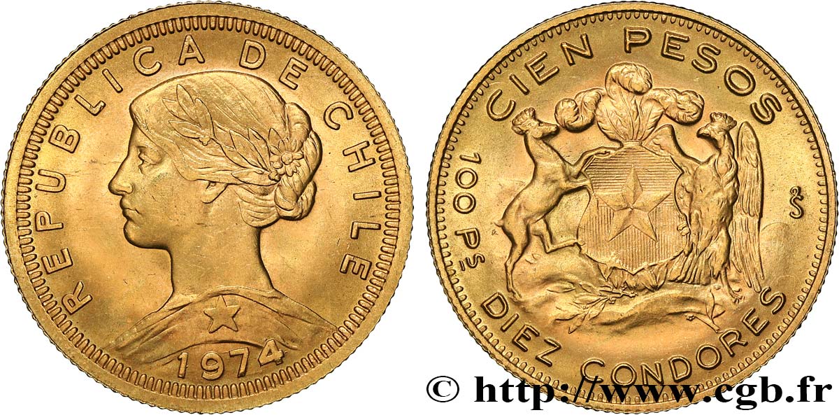 CHILE 100 Pesos or ou 10 condores en or, 2e type 1974 Santiago MS 