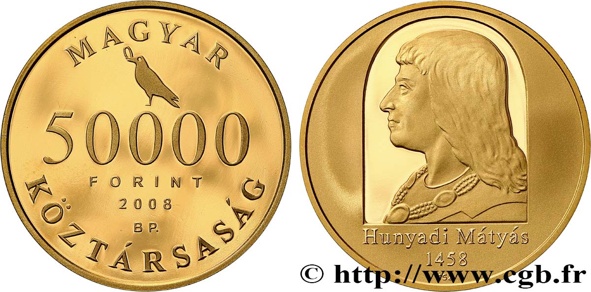 UNGHERIA 50000 Forint Proof 500e anniversaire de l’accession de Matthias Corvin 2008 Budapest FDC 