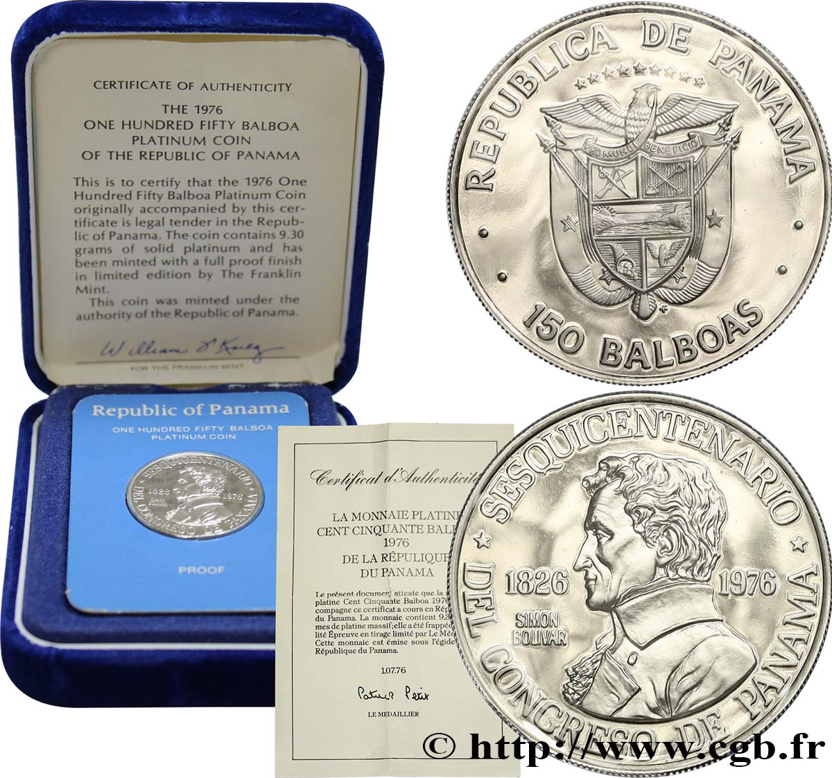 PANAMA Proof 150 Balboas 150e anniversaire du Congrès du Panama 1976 Franklin Mint ST 