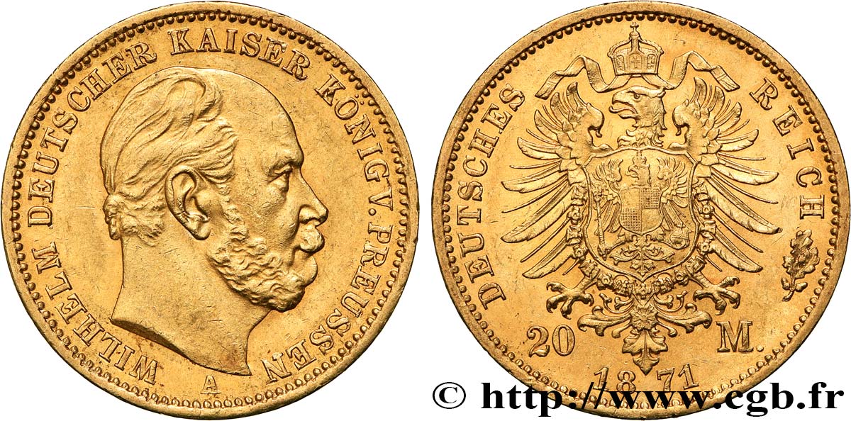 GERMANIA - PRUSSIA 20 Mark Guillaume Ier 1871 Berlin q.SPL 