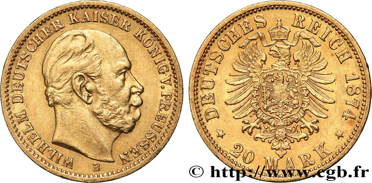 GERMANY - KINGDOM OF PRUSSIA - WILLIAM I 20 Mark, 2e type 1874 Hanovre - B XF 
