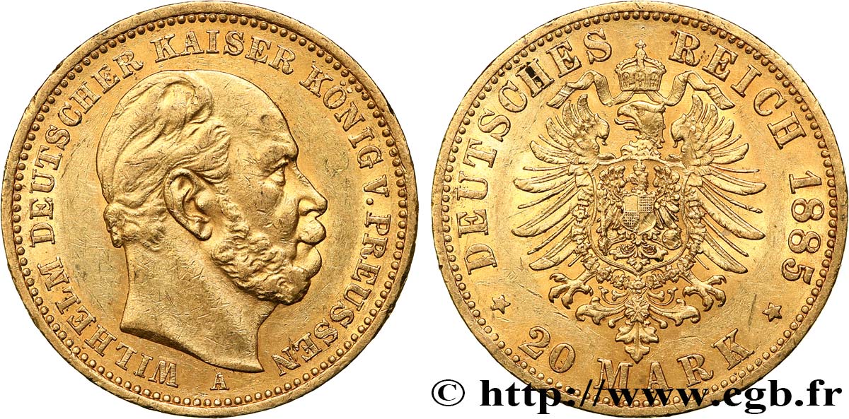 ALEMANIA - PRUSIA 20 Mark royaume de Prusse Guillaume Ier, 2e type 1885 Berlin MBC+ 
