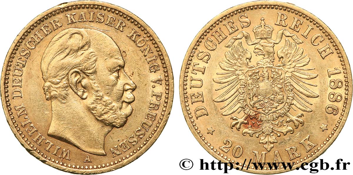 GERMANY - KINGDOM OF PRUSSIA - WILLIAM I 20 Mark  1886 Berlin AU/AU 