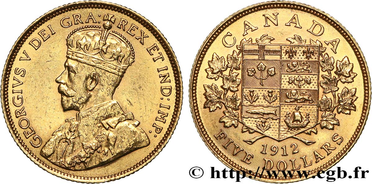 CANADá
 5 Dollars or Georges V 1912 Ottawa MBC+/EBC 