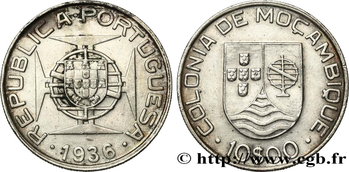 MOZAMBIQUE 10 Escudos colonie portugaise du Mozambique 1936  XF 