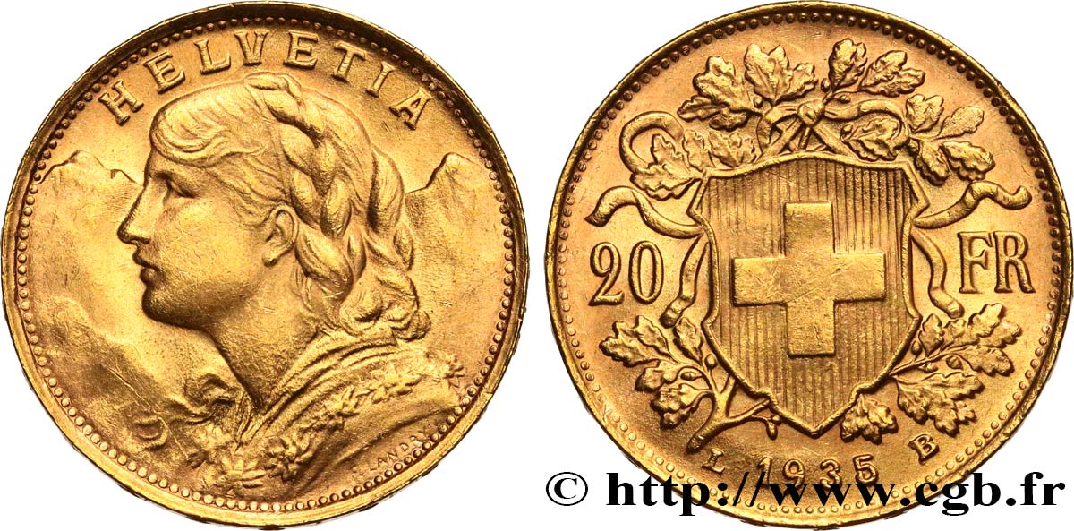 SWITZERLAND 20 Francs  Vreneli   1935 Berne MS 