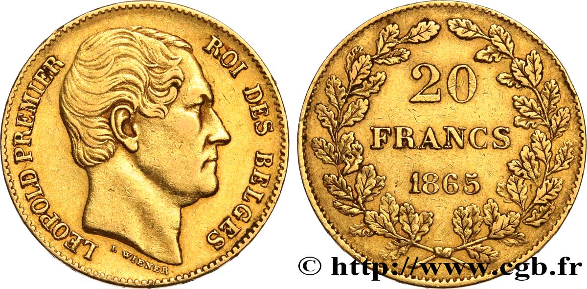 BELGIEN 20 Francs Léopold Ier 1865 Bruxelles SS 