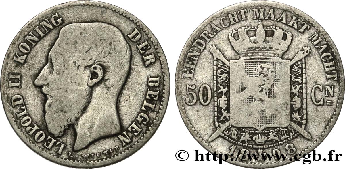 BÉLGICA 50 Centiemen (Centimes) Léopold II légende flamande 1898  BC 