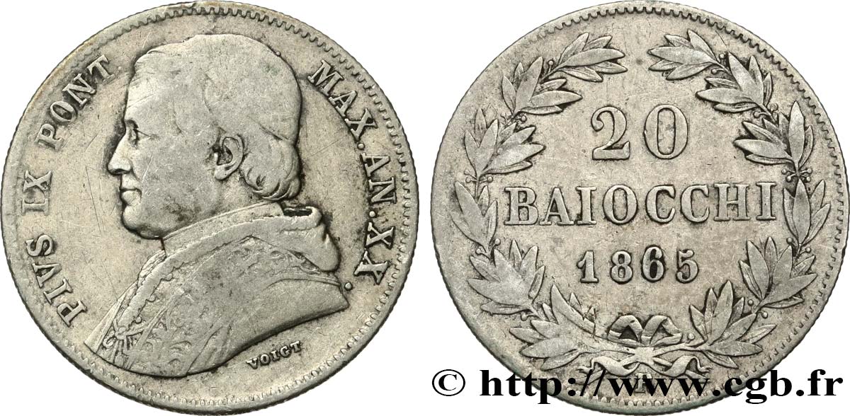 VATICAN ET ÉTATS PONTIFICAUX 20 Baiocchi Pie IX an XX 1865 Rome TB+ 