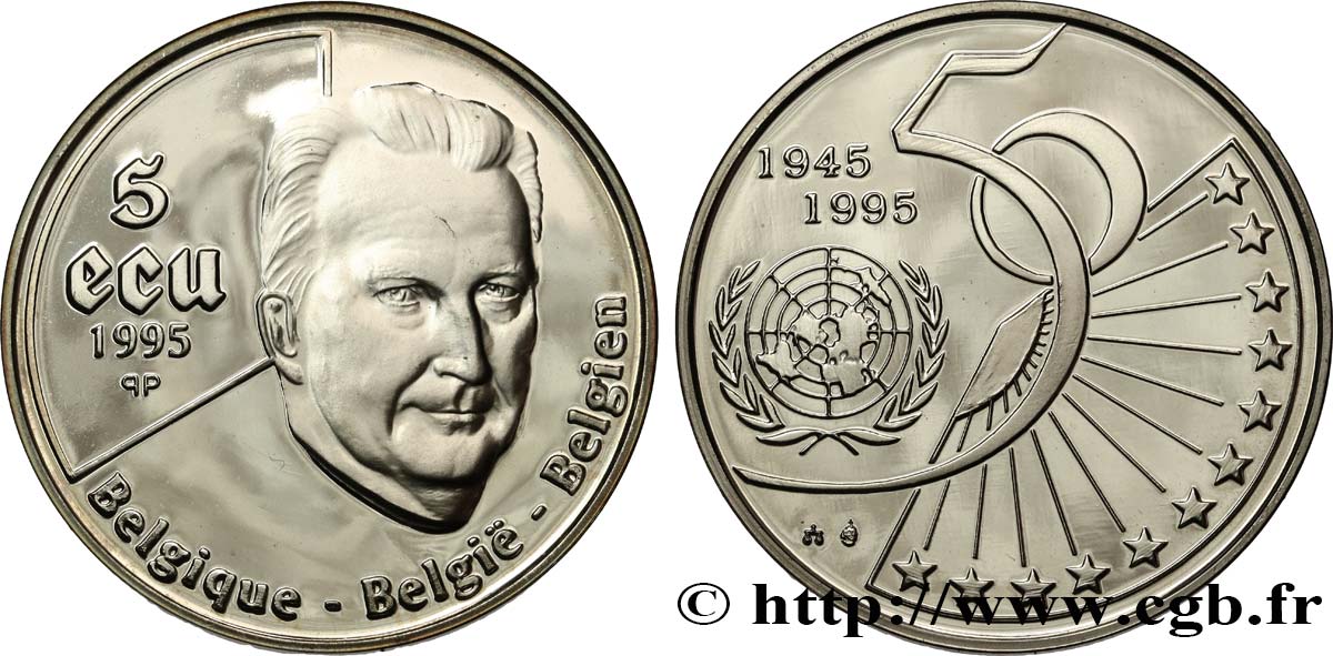 BELGIUM 5 Ecu Proof 50e anniversaire de l’ONU 1995  MS 