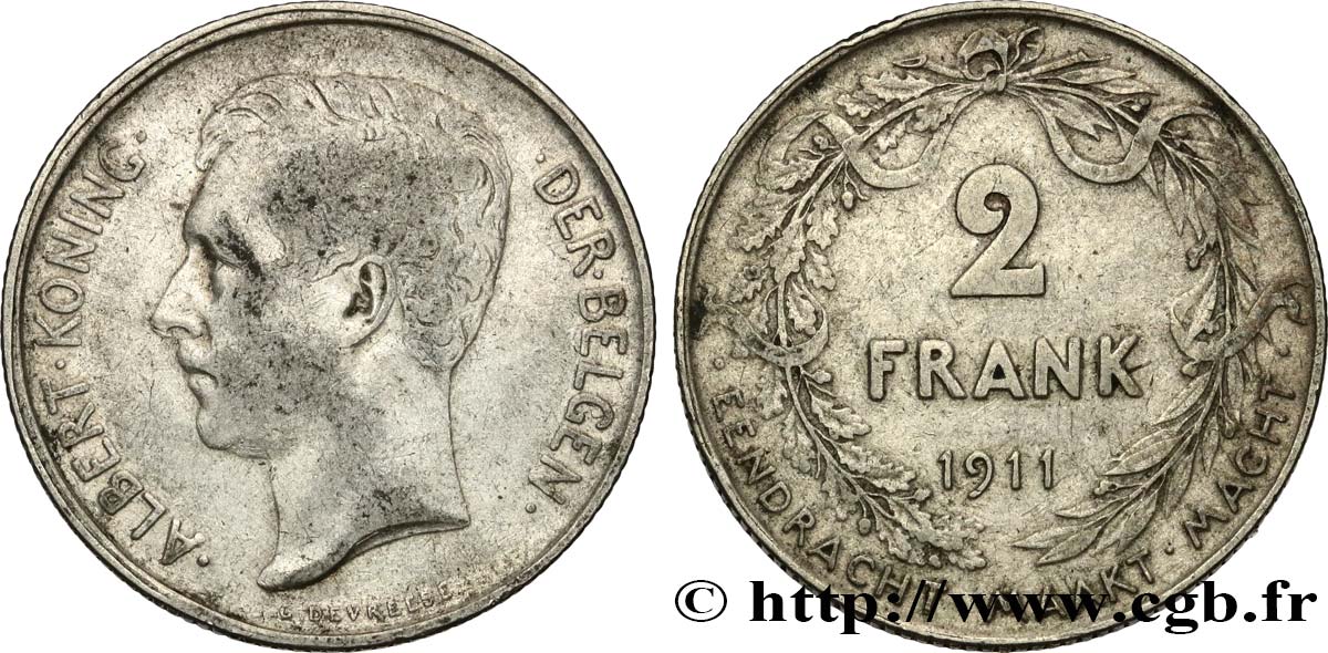 BELGIEN 2 Frank (Francs) Albert Ier légende flamande 1911  fSS 
