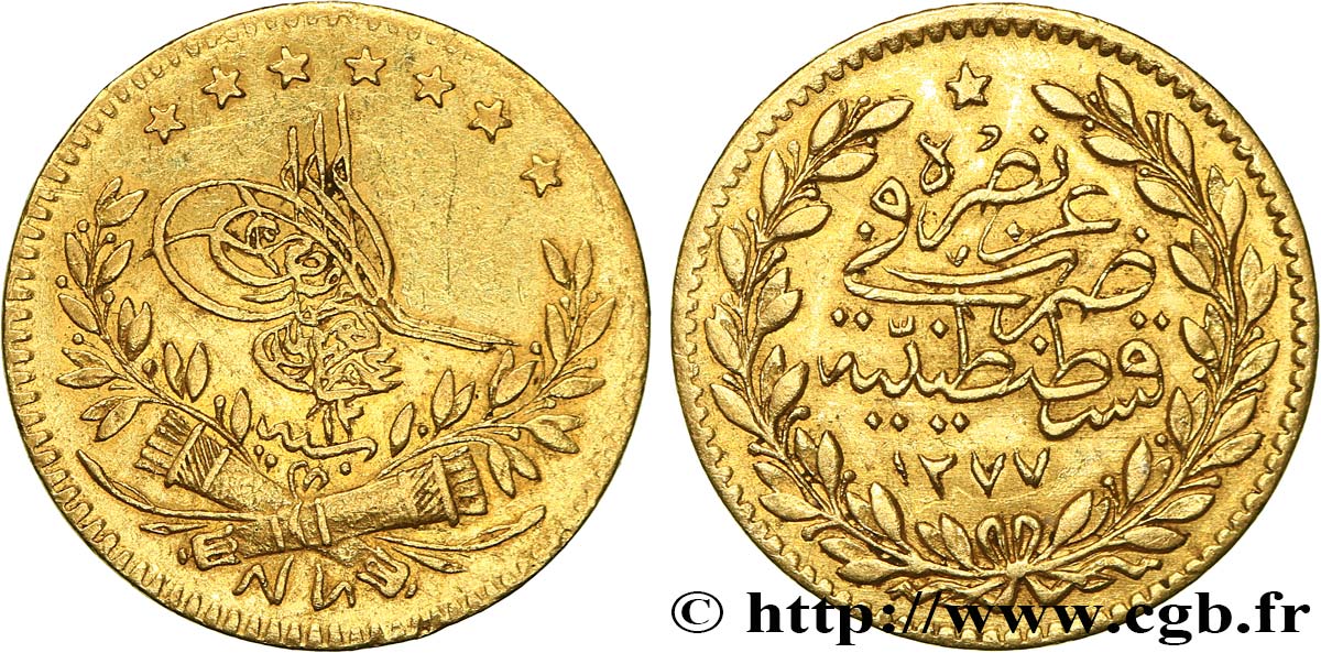 TURQUIE 25 Kurush Sultan Abdul Aziz AH1277 an 12 1871 Constantinople TB+ 