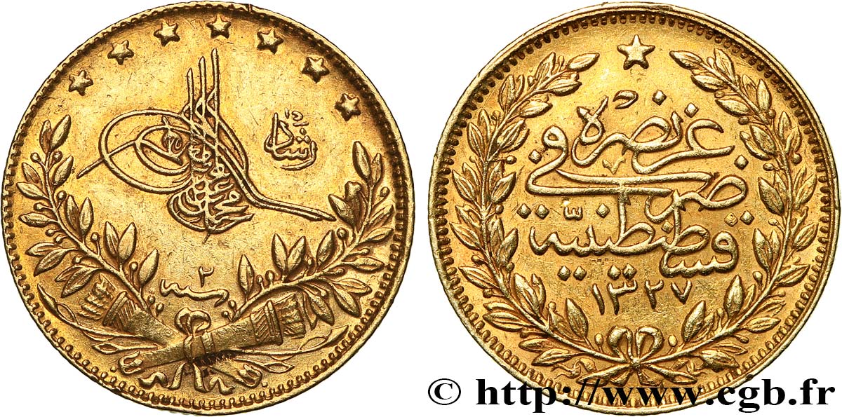 TURQUíA 50 Kurush Sultan Mohammed V Resat AH 1327 An 2 (1910) Constantinople MBC+ ANACS