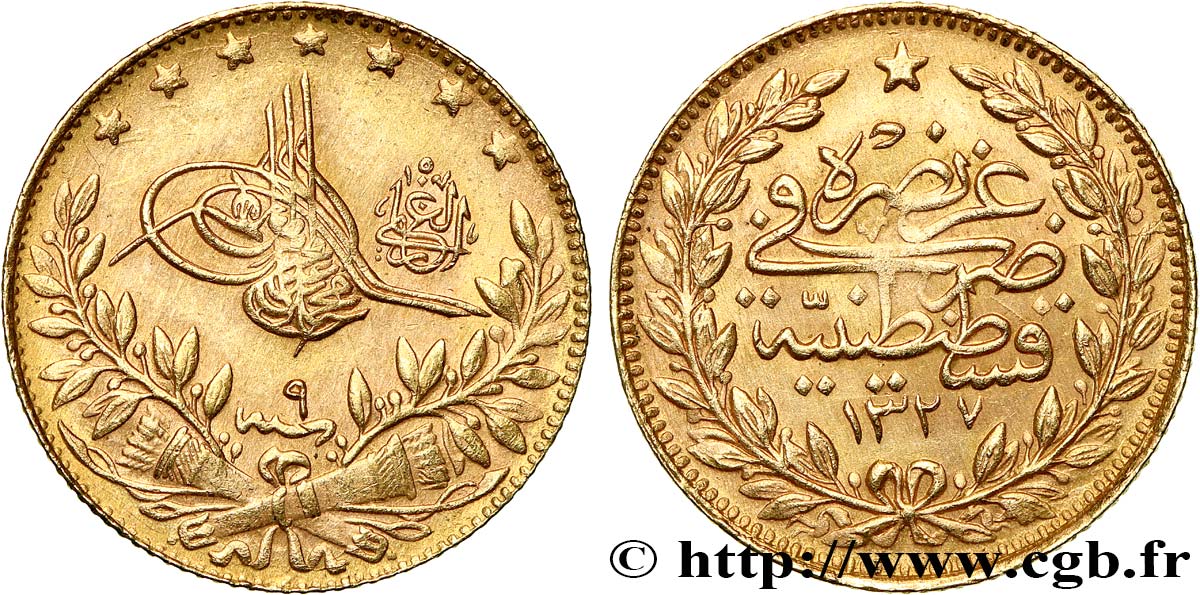TURQUíA 50 Kurush Sultan Mohammed V Resat AH 1327 An 9 (1917) Constantinople MBC ANACS