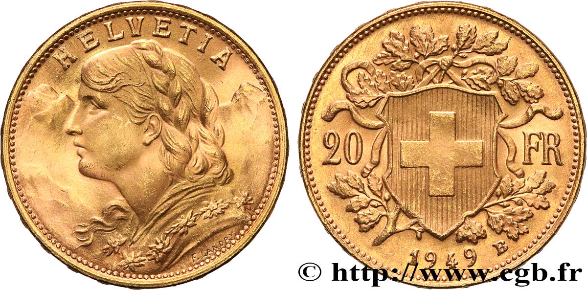 OR, PALLADIUM ET PLATINE INVESTISSEMENT 20 Francs or  Vreneli  1949 Berne SUP 