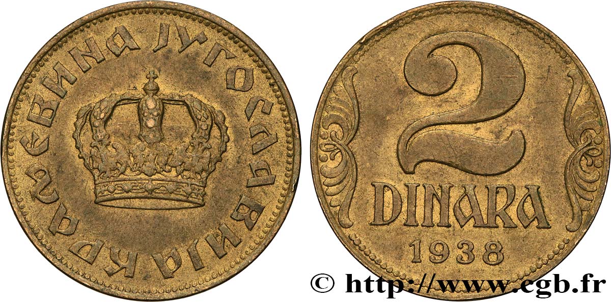 YUGOSLAVIA 2 Dinara couronne 1938  MBC 