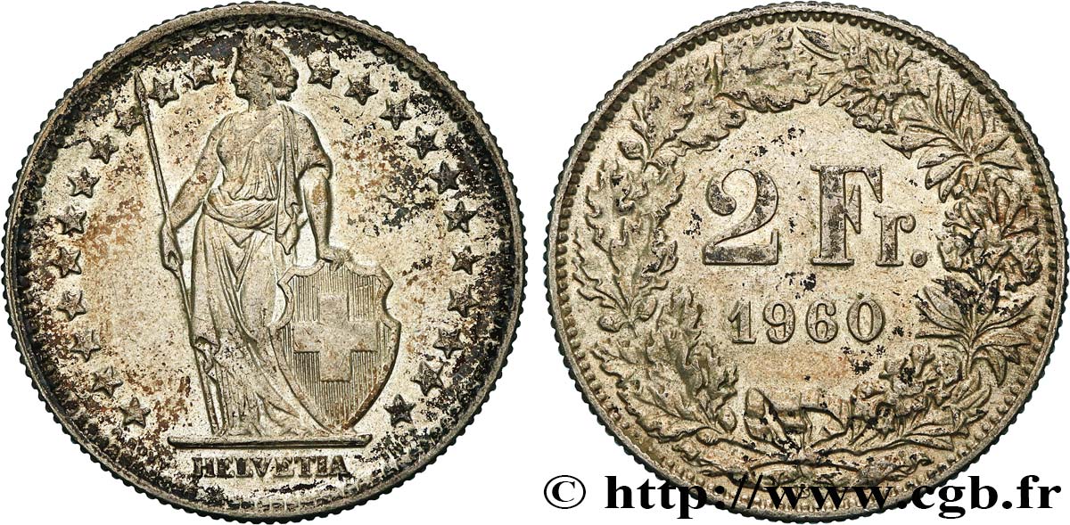 SUIZA 2 Francs Helvetia 1960 Berne - B EBC 