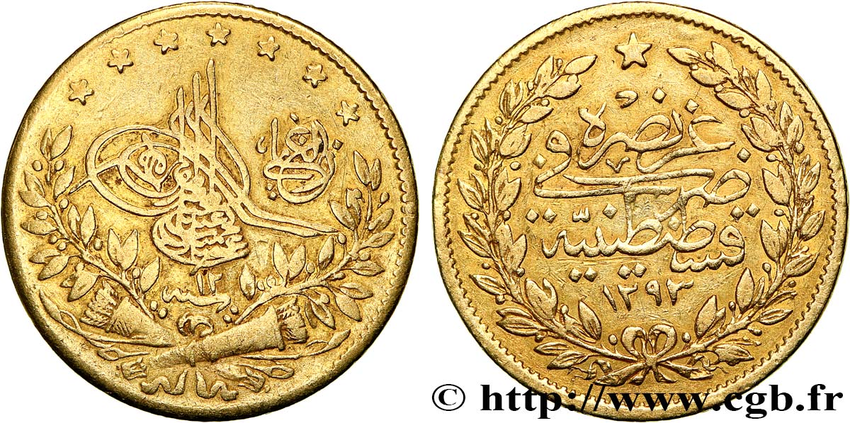 TURQUIE 50 Kurush en or Sultan Abdülhamid II AH 1293 an 12 (1887) Constantinople TB+ 