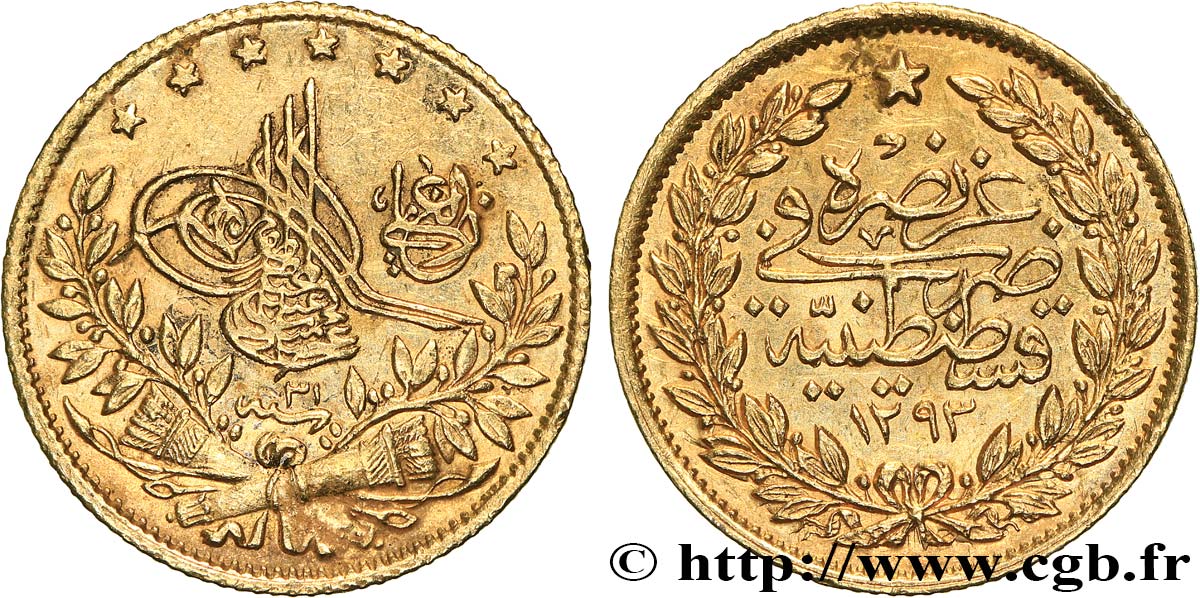 TURKEY 50 Kurush en or Sultan Abdülhamid II AH 1293 an 31 (1905) Constantinople AU 
