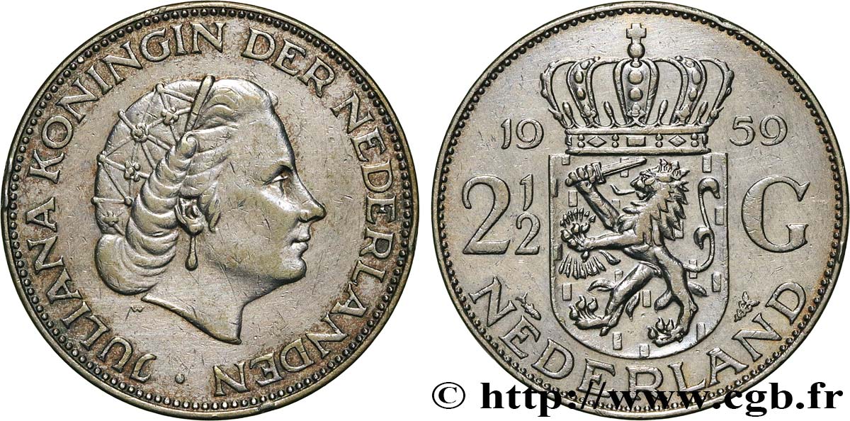 NETHERLANDS 2 1/2 Gulden Juliana 1959 Utrecht AU/MS 