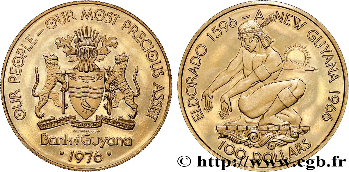 GUYANA 100 Dollars Proof 10e anniversaire de l indépendance du Guyana 1976 Franklin Mint SC 