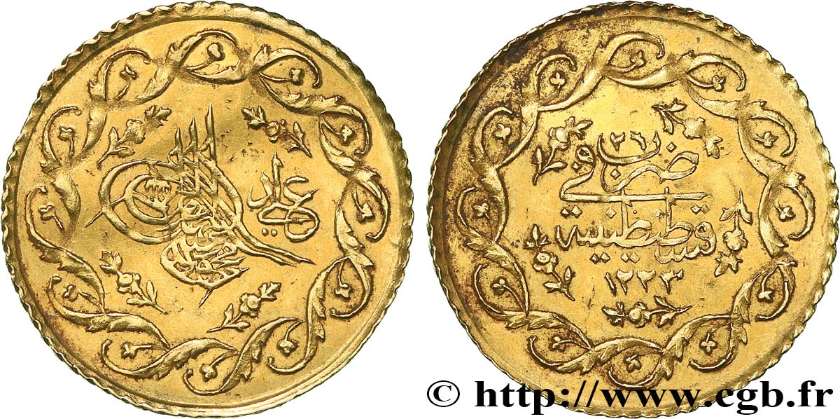 TURKEY 1 Cedid Mahmudiye en or Sultan Mahmud II AH 1223, An 26 (1833) Constantinople AU 