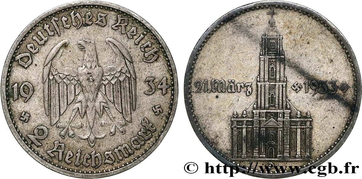 DEUTSCHLAND 2 Reichsmark Commémoration du serment du 21 mars 1933 en l’église de la garnison de Potsdam 1934 Munich SS 