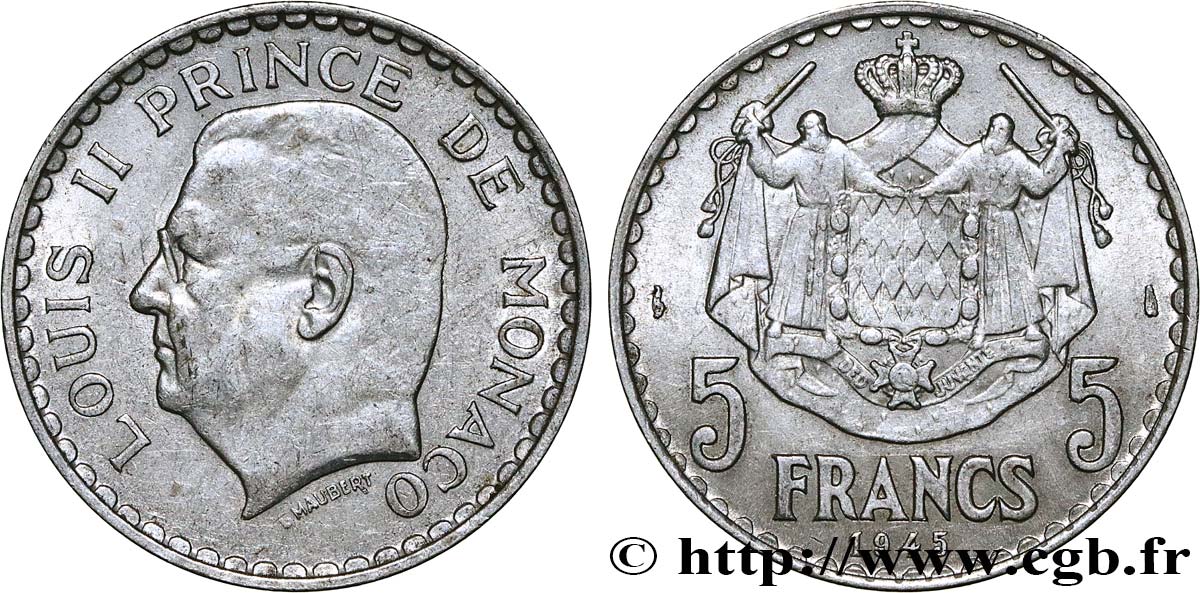 MONACO 5 Francs Louis II 1945 Paris MBC 