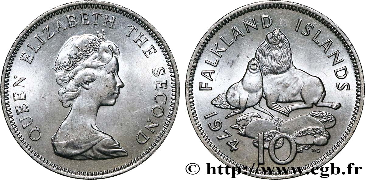 FALKLAND ISLANDS 10 Pence Elisabeth II / Otaries 1974  MS 