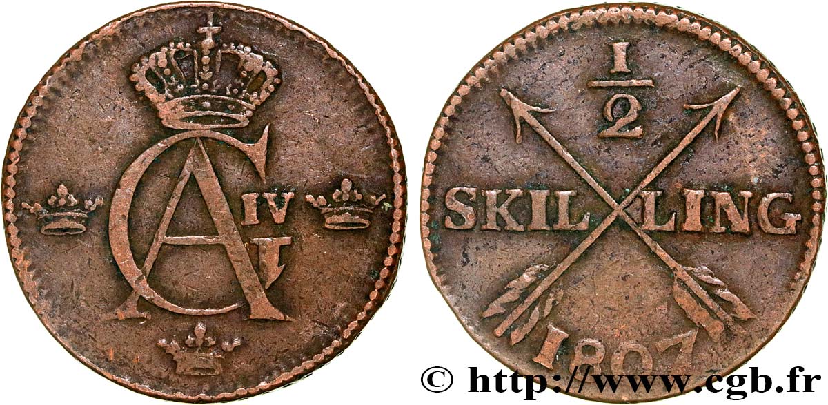 SWEDEN 1/2 Skilling monograme du roi Gustave IV Adolphe 1807  XF 
