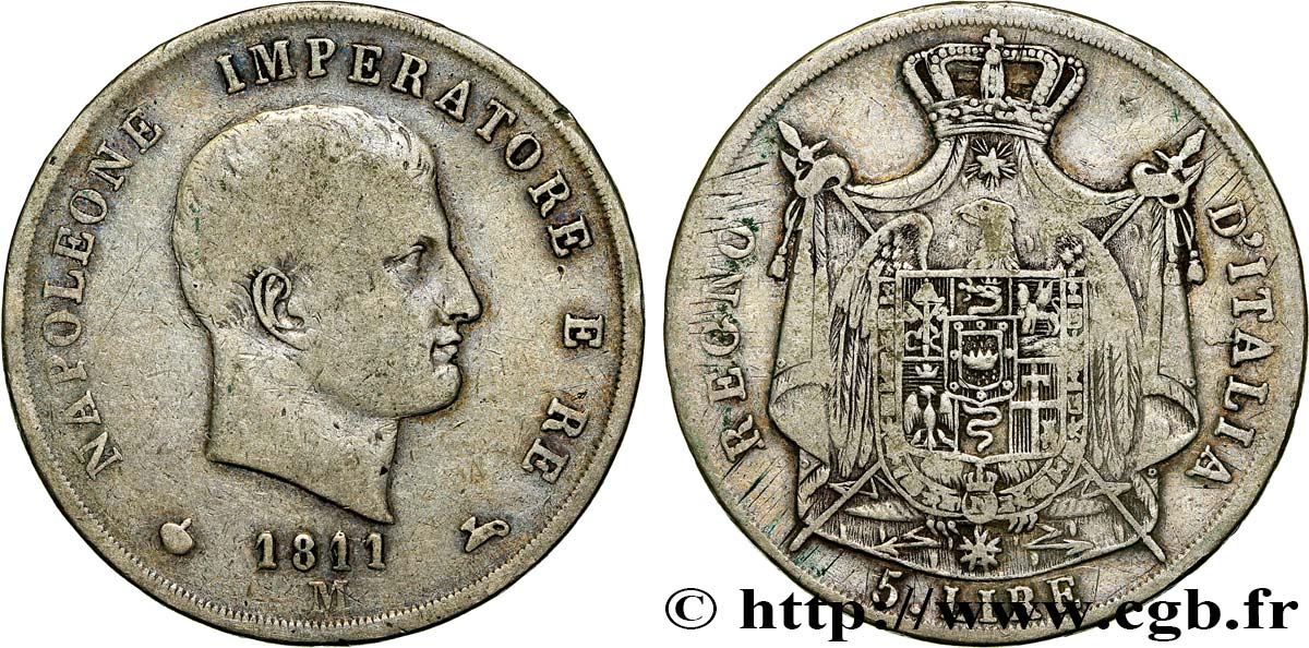 ITALY - KINGDOM OF ITALY - NAPOLEON I 5 Lire 1811 Milan VF 