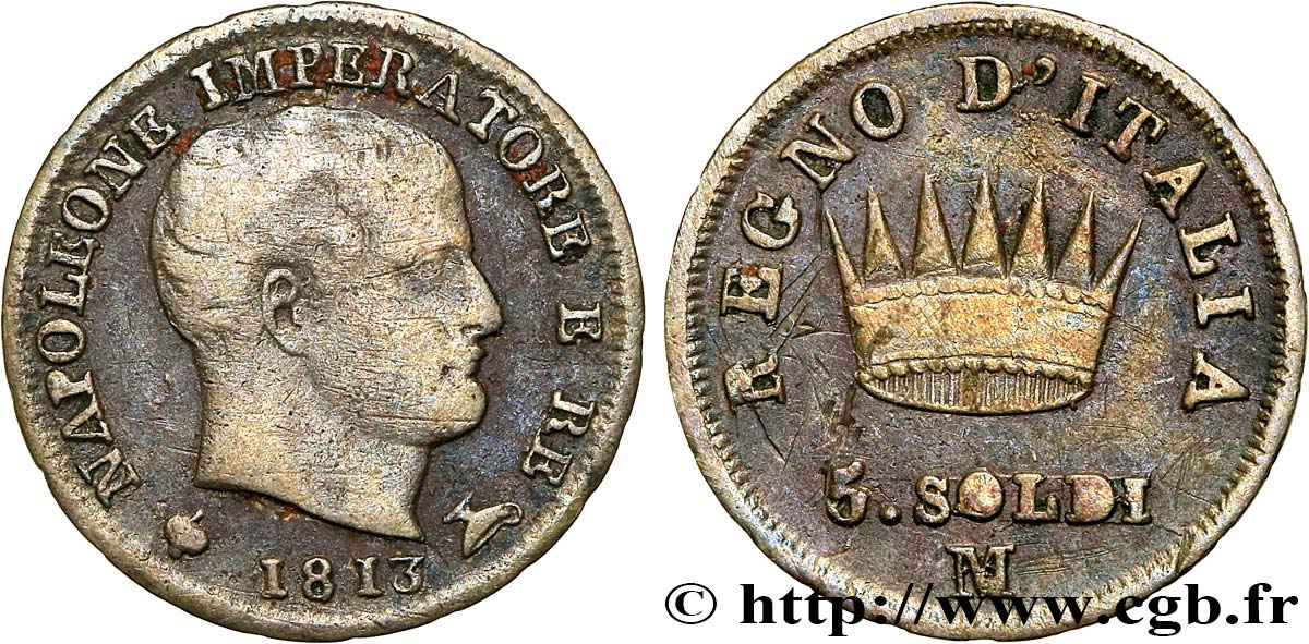 ITALY - KINGDOM OF ITALY - NAPOLEON I 5 Soldi 1813 Milan - M VF/XF 