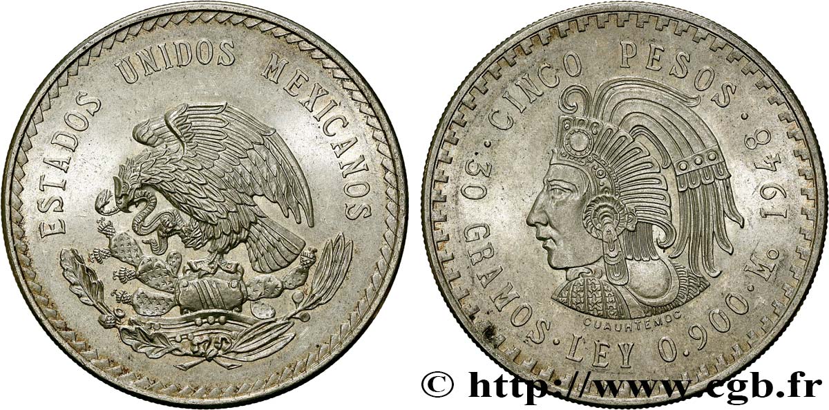 MÉXICO 5 Pesos Buste de Cuauhtemoc 1948 Mexico EBC 