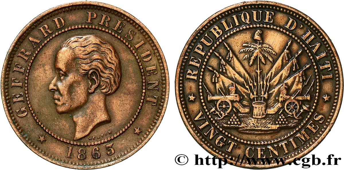 HAITI 20 Centimes président Geffrard 1863 Heaton SS 