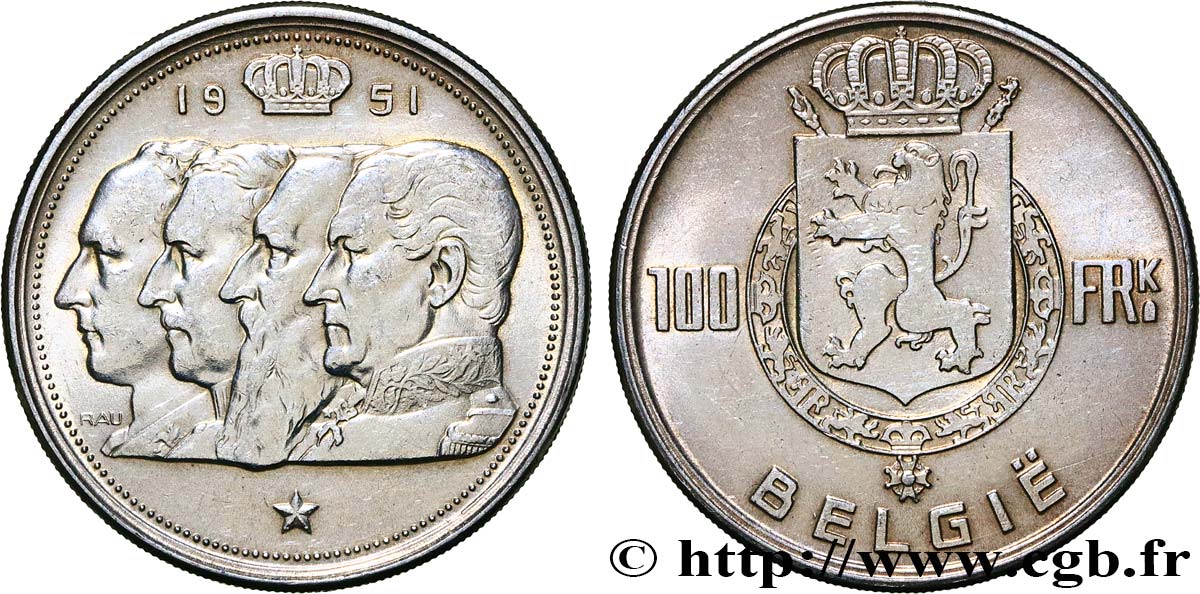 BELGIUM 100 Franken (Francs) Quatre rois de Belgique, légende flamande 1951  XF 