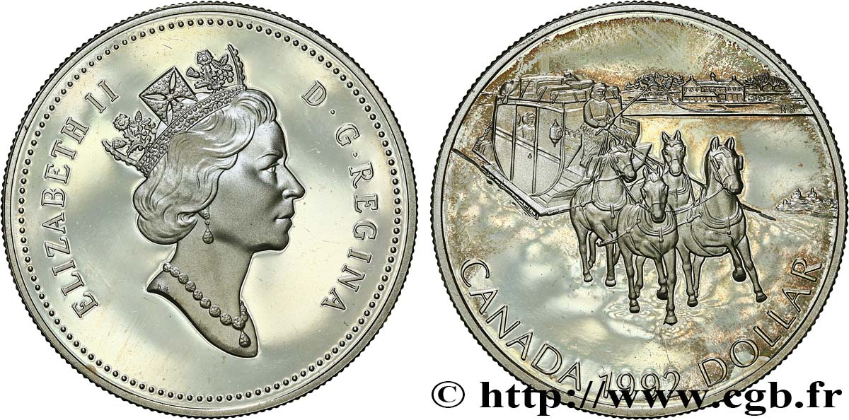 CANADA 1 Dollar Elisabeth II Proof 175ème anniversaire de la diligence de Kingston à New York 1992  SPL 