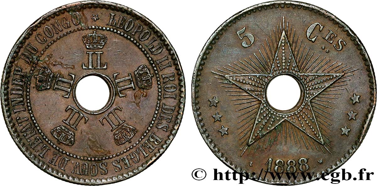 CONGO FREE STATE 5 Centimes variété 1888/7 1888  AU 