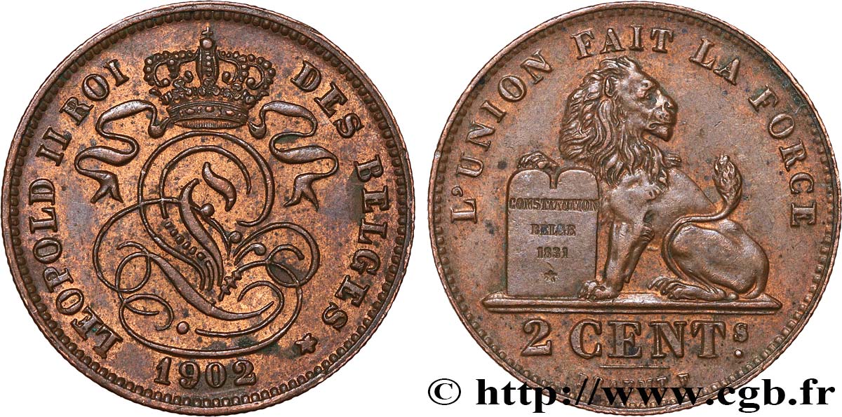 BELGIEN 2 Centimes lion monogramme de Léopold II légende française 1902  fVZ 