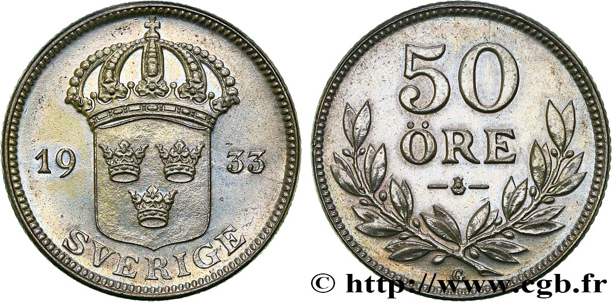 SWEDEN 50 Ore écu couronné 1933  AU 