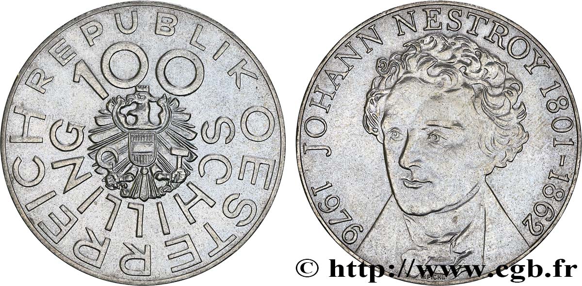 AUSTRIA 100 Schilling 175e anniversaire de la naissance de Johann Nestroy, comédien et dramaturge viennois 1976 monnaie nettoyée EBC 