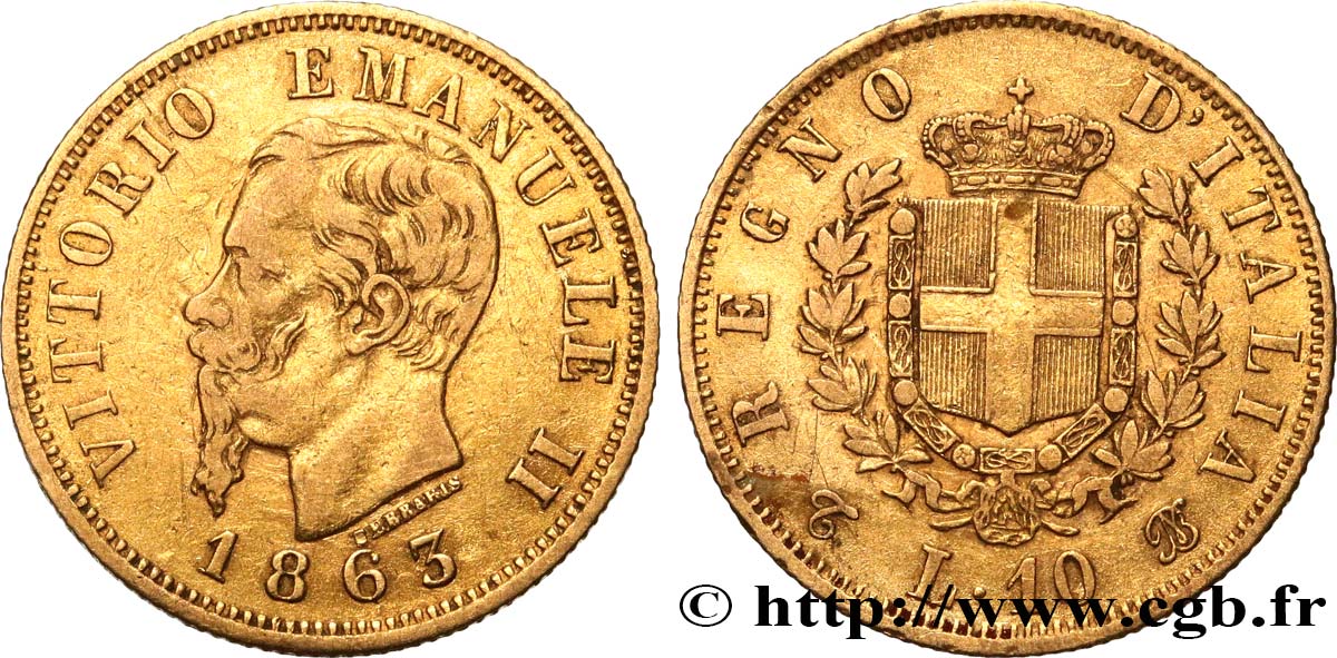 ITALIEN 10 Lire Victor Emmanuel II 1863 Turin fSS 