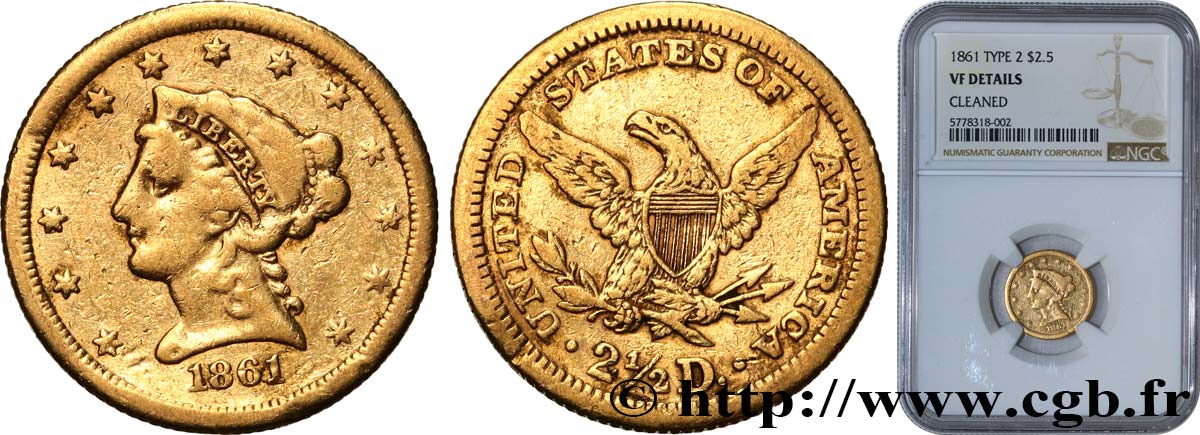 ÉTATS-UNIS D AMÉRIQUE 2 1/2 Dollars type “Liberty Head” - variété new reverse 1861 Philadelphie MBC NGC